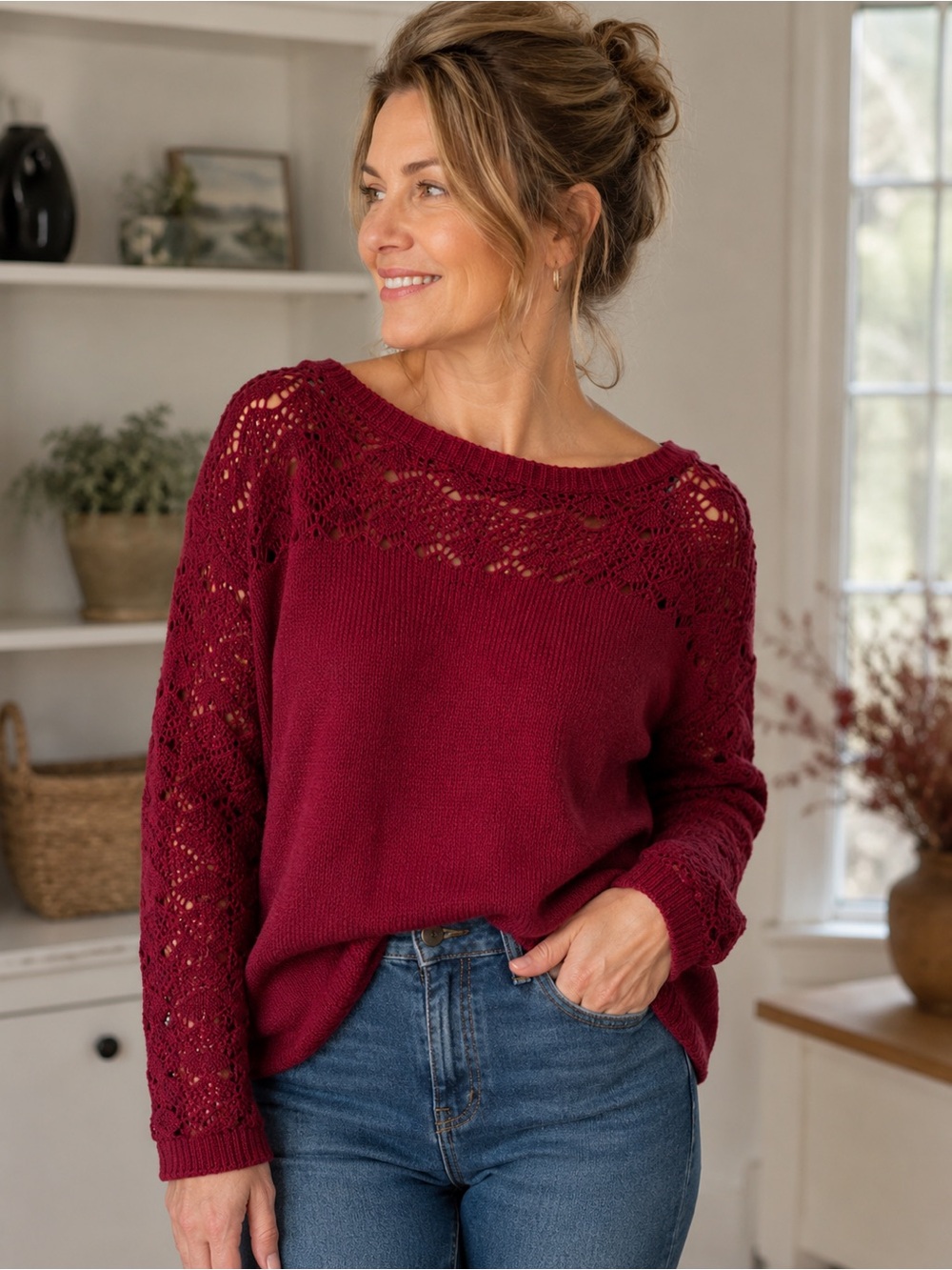 Valerie Bertinelli Burgundy Knit Sweater